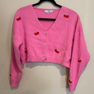 💙Adika Pink Cherry Embroidered Cropped Cardigan Soft Girl Y2K
